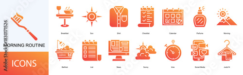 Morning Routine icon collection set. Containing Breakfast, Sun, Shirt, Checklist, Calendar icon.