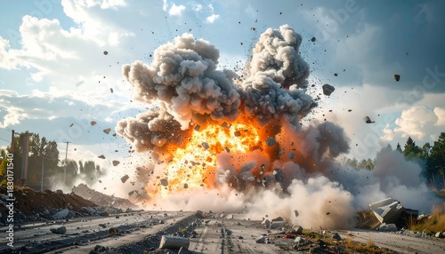 A fiery explosion erupts, sending debris skyward, amidst road and landscape