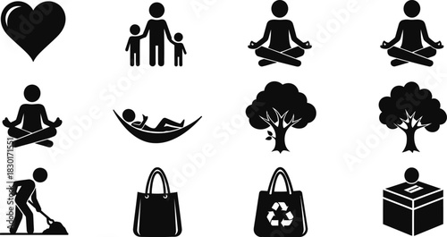 Black and white icons representing wellness family and environmental consciousness