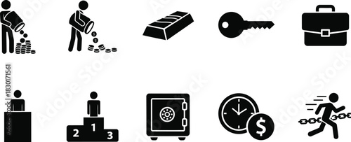 Business and finance pictogram set depicting success security and growth
