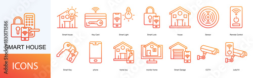 Smart house icon collection set. Containing Smart house, Key Card, Smart Light, Smart Lock, house icon.