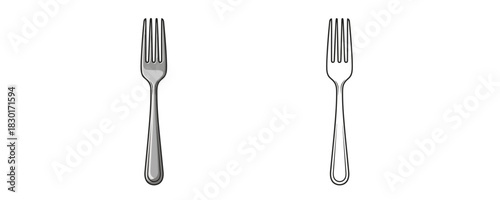Classic metal dinner fork with four tines, for eating and serving food, shown in shiny gray and black outline style