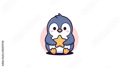 Adorable penguin holding a shining star, perfect for children's illustrations or heartwarming greeting cards, spreading joy and wonder with its innocent charm