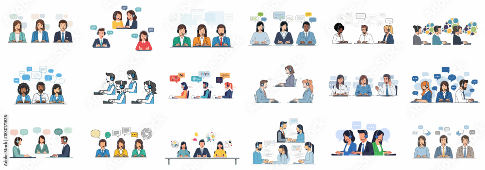 Fototapeta premium Diverse Customer Support Agents with Headsets and Chat Bubbles. Vector collection of call center and technical help desk workers communicating.