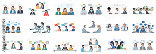 Diverse Customer Support Agents with Headsets and Chat Bubbles. Vector collection of call center and technical help desk workers communicating.