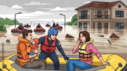 Flood Rescue Operation with Emergency Responders – Vector Illustration