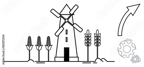 Windmill, corn, wheat, upward arrow, and gears highlighting agriculture, energy efficiency, innovation, and growth. Ideal for sustainability farming production environment renewable energy
