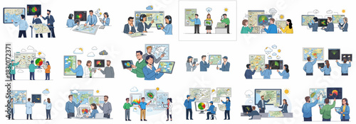 Meteorologists and weather forecasters collaborating in the control room, analyzing maps, Doppler radar screens, and complex climate data illustrations.
