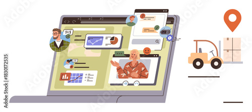 Laptop with user interactions, charts, conversations, and avatars representing teamwork, logistics tools with forklift, map pin, and package. Ideal for teamwork, logistics technology remote work