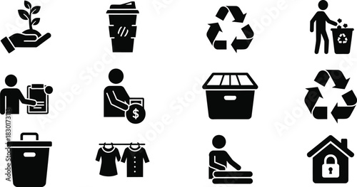 Collection of black and white recycling and sustainability icons on white background
