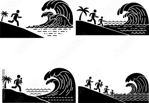 Tsunami Natural Disaster Warning and Coastal Evacuation Pictograms
