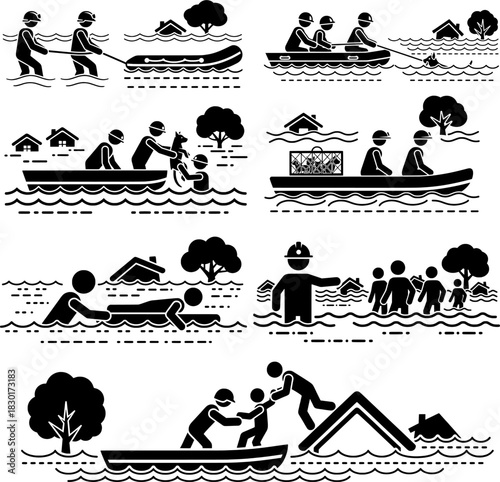 Flood Rescue Team Saving Victims and Delivering Aid Pictograms