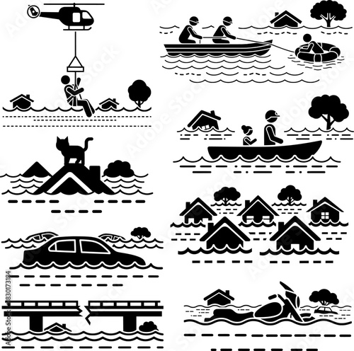 Infrastructure Failure, Submerged Car, and Animal Rescue Icons