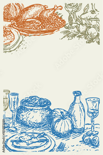Hand drawn harvest Thanksgiving border illustration with autumn food, turkey, pumpkins and copy space
