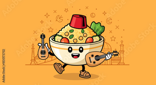 Cute Cartoon Bowl of Food Playing Musical Instruments.