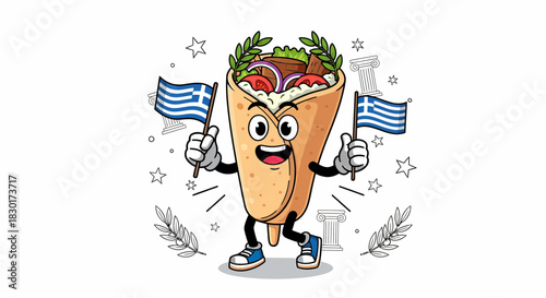 Cute Cartoon Gyro Character Holding Greek Flags Celebrating.
