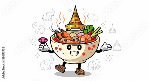 Cute Cartoon Bowl of Thai Tom Yum Soup with Temple Hat and Flower.