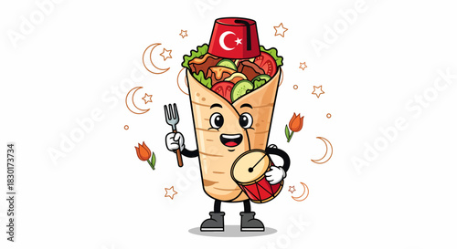 Cute Cartoon Doner Kebab Character Holding Fork and Clock.