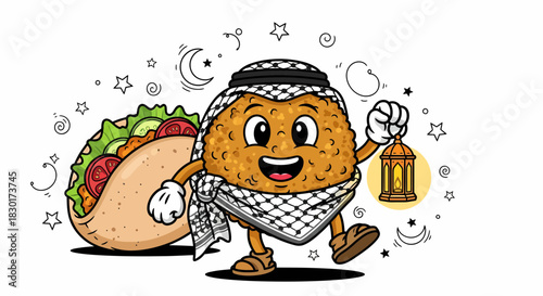 Cute Falafel Character Holding Ramadan Lantern Next to Taco.