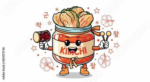 Cute Kimchi Jar Character Holding Chopsticks and Mallet.