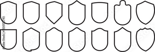 Editable stroke shield icon set, Knightly military shield insignia of different shapes, security symbols sign protection badges collection
