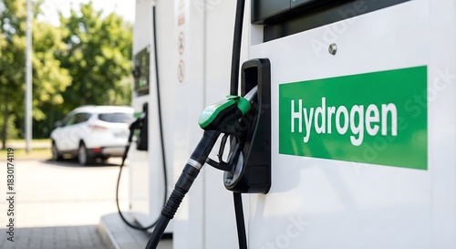 Hydrogen Fuel Pump Nozzle at a Filling Station with A Car in the Background
