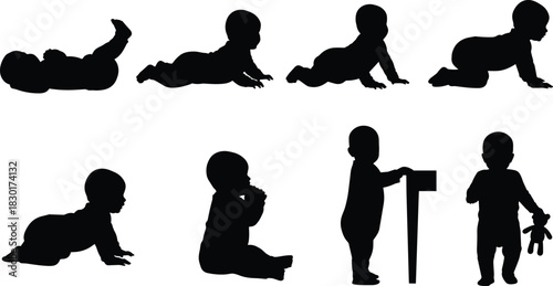 Baby motor development stages, crawling, sitting, standing, silhouette sequence, infant growth milestones, physical progress, early movement, vector illustration, black and white