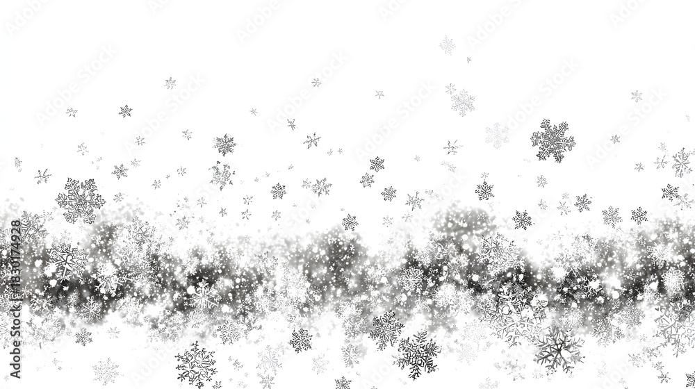Obraz premium Snowflakes falling overlay, winter seasonal snowfall on white background Stock Illustration 