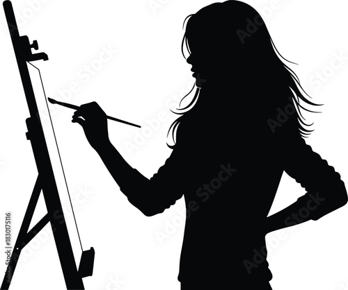 Black Silhouette Vector Illustration of a Female Artist with Long Hair Painting on an Easel, Ideal for Art Classes, Creative Hobbies, Painting Studios, and Artistic Design Graphics