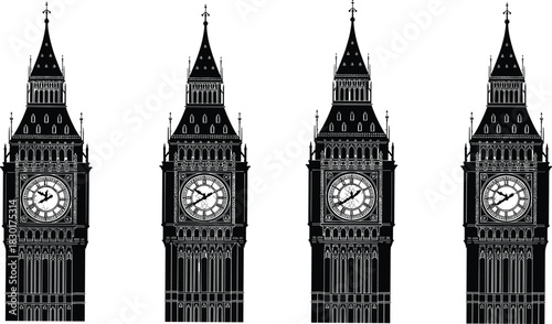 WebBig Ben London landmark tower clock face silhouette vector illustration, black and white minimal line art drawing, famous UK travel symbol of England architecture