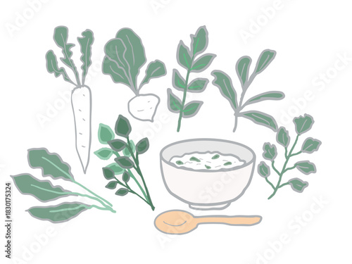 Spring rice porridge with seven herbs and illustration