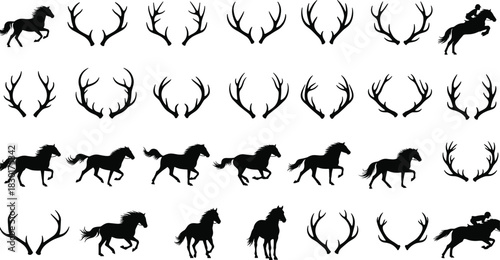 Big collection of black silhouettes featuring running horses, equestrian jumping riders, various deer antlers, elk horns, reindeer trophies, vector illustration set, isolated on white background