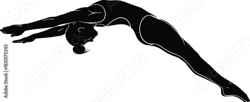 Black Silhouette Vector Illustration of a Female Swimmer or Diver Performing a Graceful Dive Entry with an Arch, Ideal for Water Sport, Fitness, Competition, and Aquatic Graphics