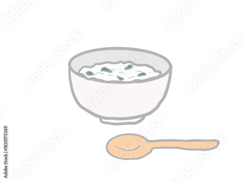 Illustration of rice porridge with seven herbs served in a bowl