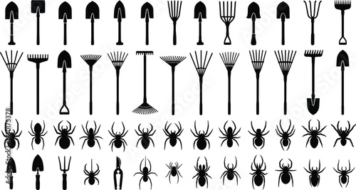 Big collection of vector silhouettes featuring garden tools, shovels, and rakes, mixed with spooky spiders and insects, isolated on white background, set