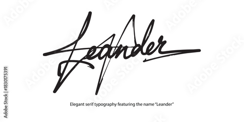 Elegant serif typography of the name 'Leander' rendered in 3D gold lettering on a reflective black marble surface. Ideal for luxury branding, finance, and corporate identity.