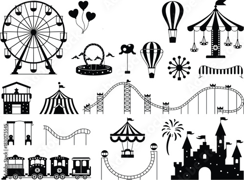Amusement park vector illustration set with ferris wheel, roller coaster, carousel, circus tent, hot air balloon, and castle, fun fair entertainment design.
