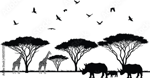 Black and white vector illustration of African safari landscape featuring silhouettes of giraffes, rhinoceros family walking, and spreading acacia trees under flying birds.