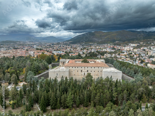 Aerial view of L'Aquila's massive 16th-century Renaissance fortress with four bastions, built by the Spanish to control the rebellious city