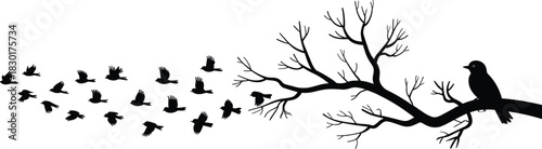 Bird sitting on tree branch with flock flying in sky, nature silhouette vector illustration representing freedom, wildlife, migration, and natural harmony