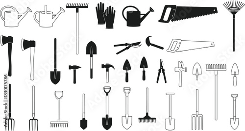 Black Silhouette and Outline Gardening Tools Icons Set, Agriculture Equipment Collection with Shovels, Rakes, and Saws, Simple Flat Vector Illustration for Farming and Horticulture Concepts,