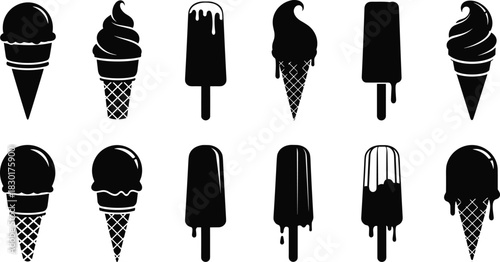 Black Silhouette Ice Cream, Popsicle, and Soft Serve Icons Set, Frozen Dessert Collection with Cones and Sticks, Simple Flat Vector Illustration for Summer, Treat, and Menu Design,
