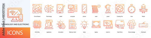 Technology and electronic icon collection set. Containing tablet, computer, phone, solar, Juicer, Cooling Fan, time, Robot icon.