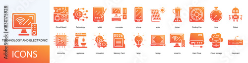 Technology and electronic icon collection set. Containing tablet, computer, phone, solar, Juicer, Cooling Fan, time, Robot icon.