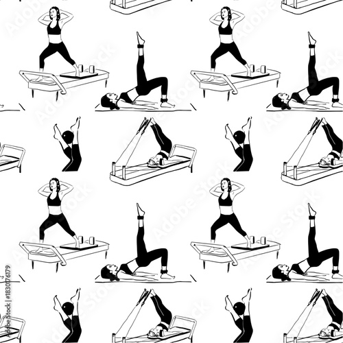 Vector seamless patters of women doing reformer pilates. Seamless vector pilates surface pattern