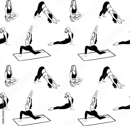 Vector seamless patters of women doing yoga. Seamless vector yoga surface pattern
