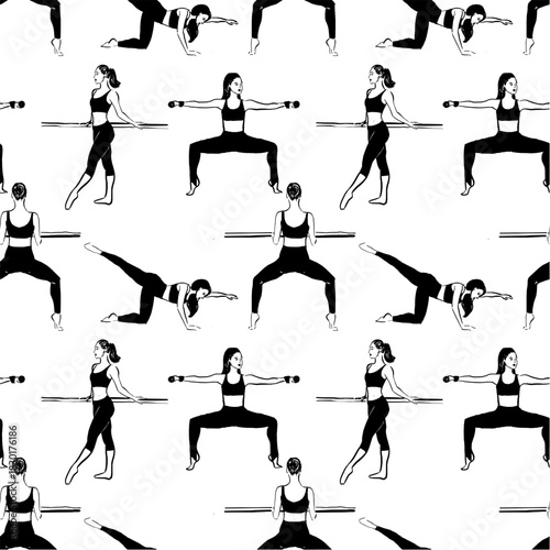 Vector seamless patters of women doing barre exercise.  Seamless vector ballet bar surface pattern
