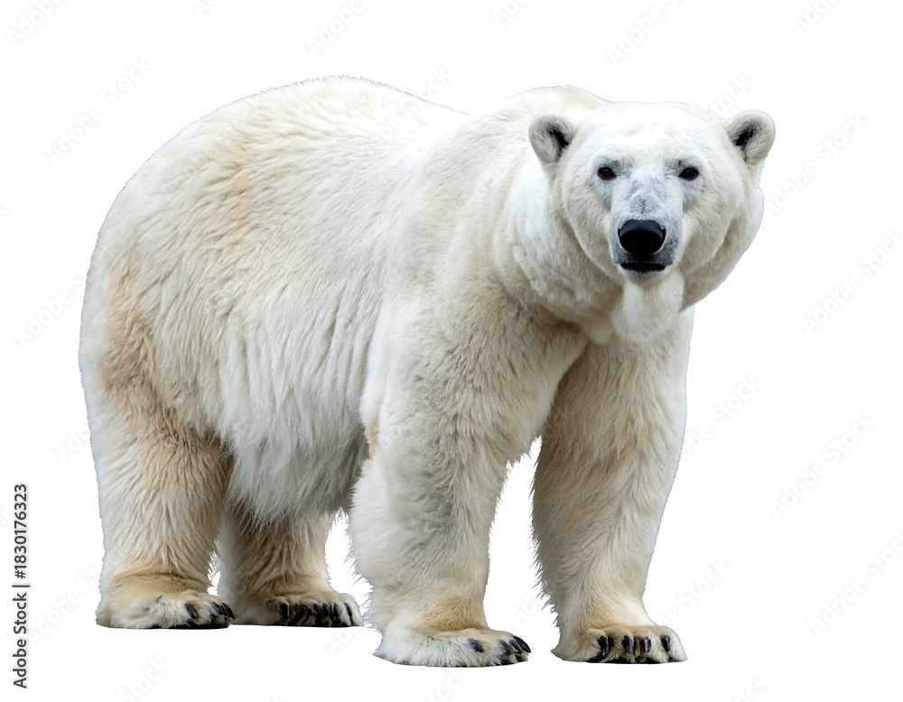 Fototapeta premium A majestic polar bear with thick white fur stands against a black background, facing forward in a portrait