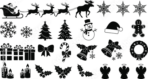 Santa Claus, Reindeer, Snowflakes, Trees, Gifts, Bells, and Angels for Holiday Design and Decoration.