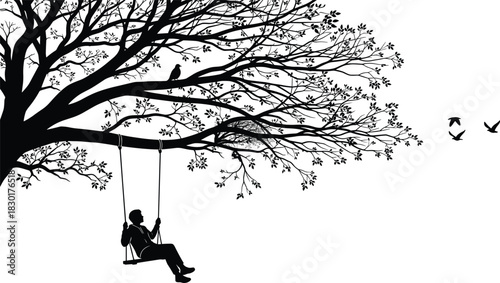 Black silhouette vector illustration of a person swinging from a rope beneath a massive, spreading tree with a bird's nest, evoking childhood memories, freedom, and peaceful nature.